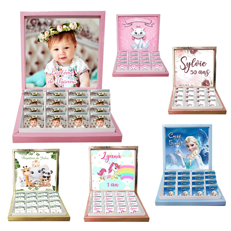 Petit coffret de chocolats personnalisés avec photo pour parrain et marraine