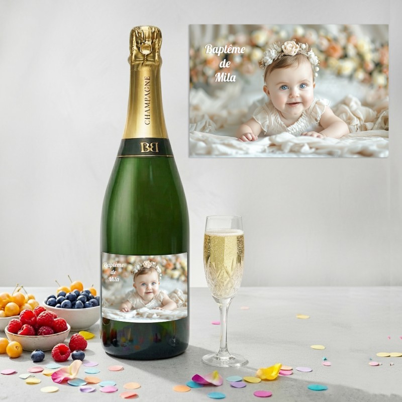 Etiquette Champagne personnalisée avec photo : anniversaire, baptême et mariage