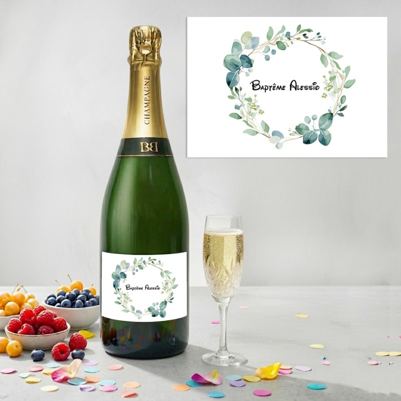 Etiquette Champagne personnalisée couronne champêtre : Baptême, Mariage