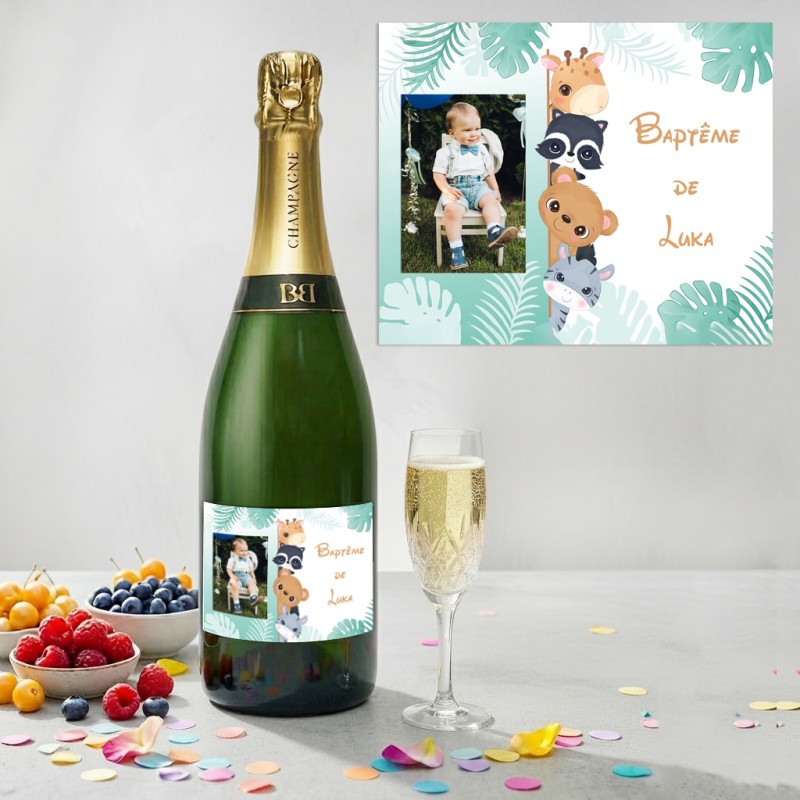 Etiquette Champagne personnalisée avec photo : Anniversaire, Baptême / modèle savane