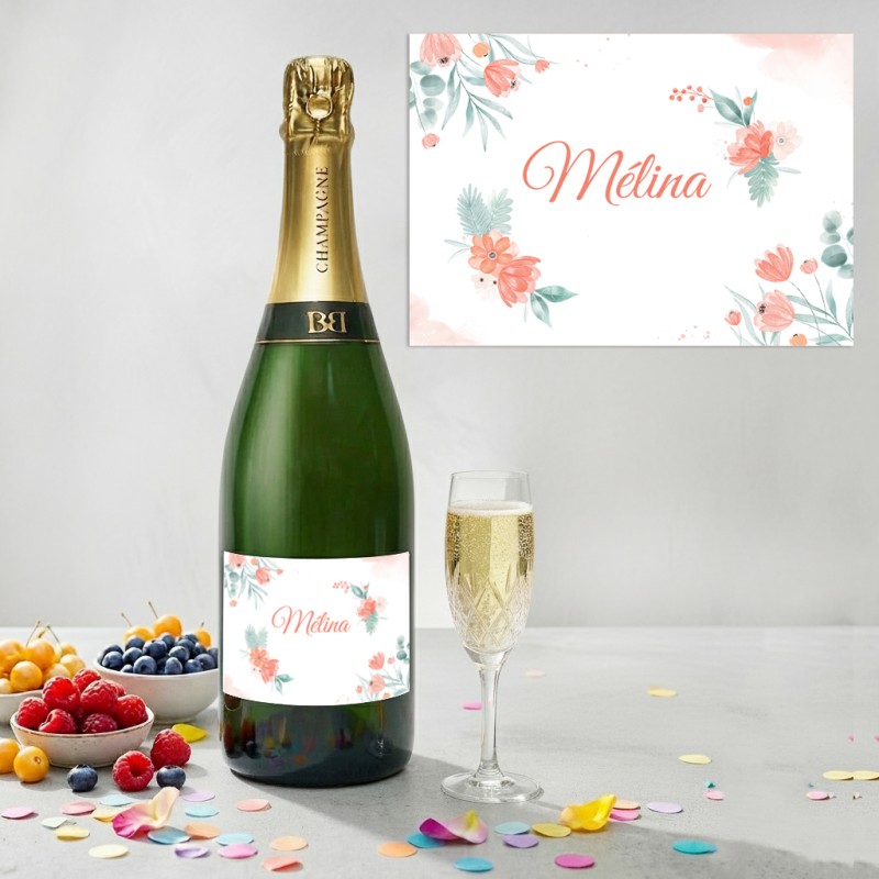 Etiquette Champagne personnalisée : Anniversaire, Baptême et Mariage / modèle printemps