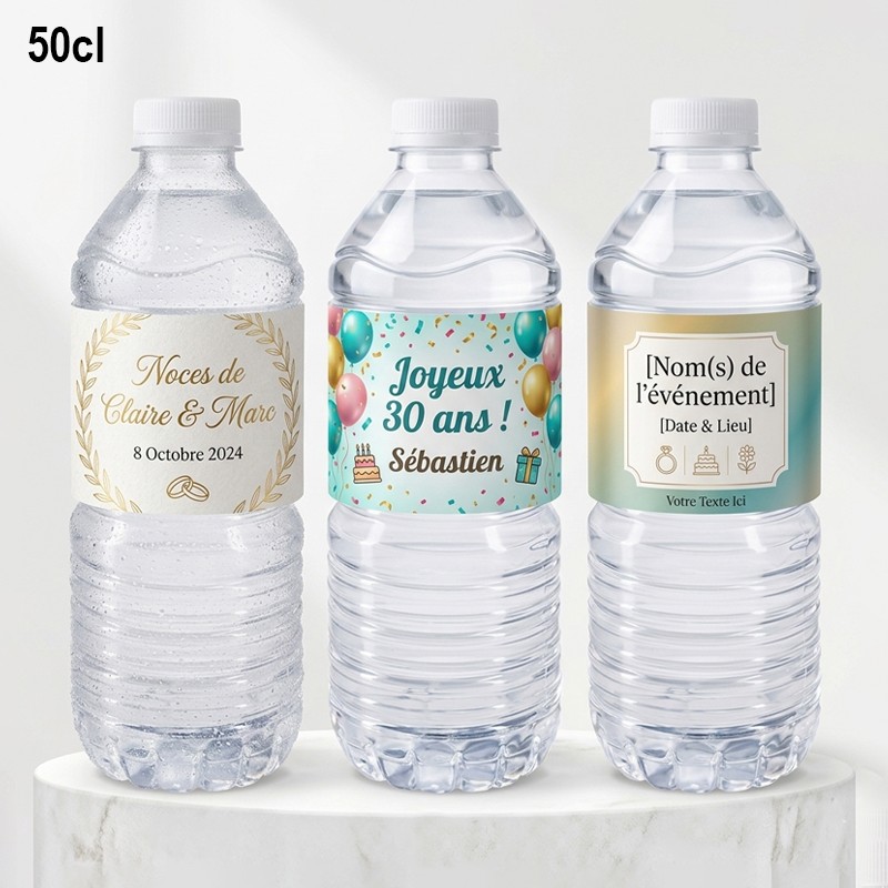 Étiquette bouteille d'eau personnalisée 50cl : Anniversaire, Baptême et Mariage